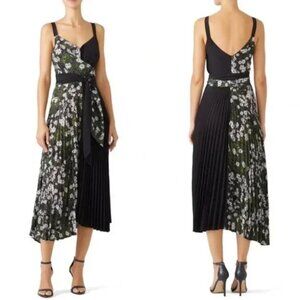 DELFI Collective "Camille" Floral Black Green Pleated Midi Sleeveless Dress S